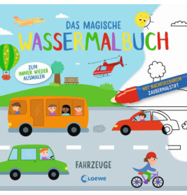 Cover eines deutschen Wasser-Malbuchs für Fahrzeuge mit Autos, Bus, Fahrrad und Hubschrauber.