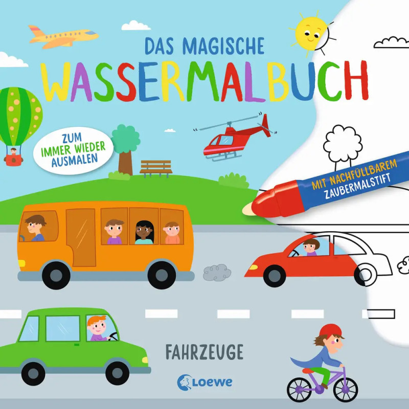Cover eines deutschen Wasser-Malbuchs für Fahrzeuge mit Autos, Bus, Fahrrad und Hubschrauber.