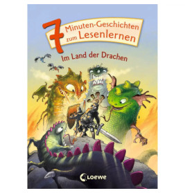 Cover eines Kinderbuchs mit Drachen und Ritter deutscher Titel zu 7-Minuten-Lesegeschichten.