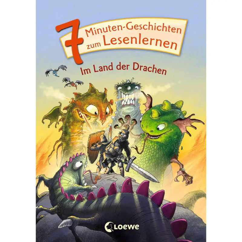 Cover eines Kinderbuchs mit Drachen und Ritter deutscher Titel zu 7-Minuten-Lesegeschichten.