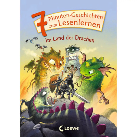 Cover eines Kinderbuchs mit Drachen und Ritter deutscher Titel zu 7-Minuten-Lesegeschichten.