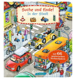 Bunte Stadtszene mit Menschen, Autos, Bus und Geschäften deutscher Text: Suchen und Finden! In der Stadt.