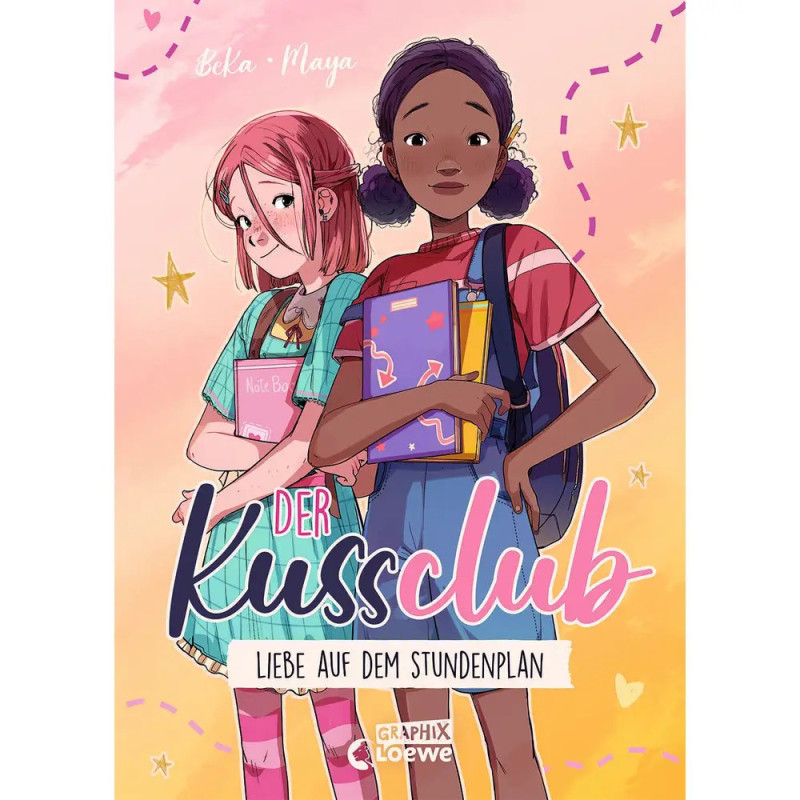Zwei Mädchen mit Büchern vor buntem Hintergrund, darüber in fetter Schrift der Titel Der Kussclub. Zwei Mädchen mit Büchern vor buntem Hintergrund, darüber in fetter Schrift der Titel Der Kussclub.