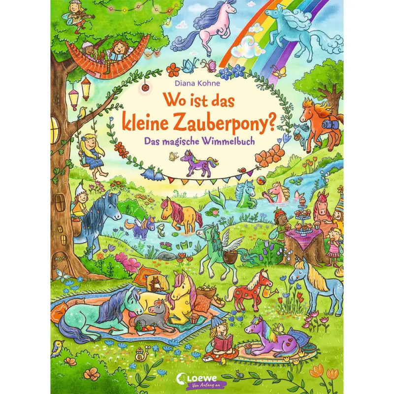 Buntes Buchcover mit Zauberponys, Feen und Tieren in lebendiger Waldszene. Deutscher Titel mittig platziert. Buntes Buchcover mit Zauberponys, Feen und Tieren in lebendiger Waldszene. Deutscher Titel mittig platziert.