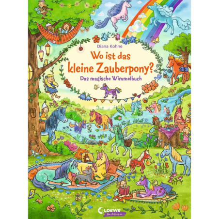 Buntes Buchcover mit Zauberponys, Feen und Tieren in lebendiger Waldszene. Deutscher Titel mittig platziert.