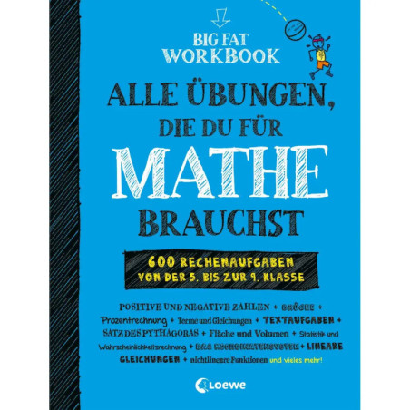 Cover eines deutschen Mathematik-Arbeitshefts für Klasse 5-9 mit blau-gelber Schrift und verspielten Kritzeleien.