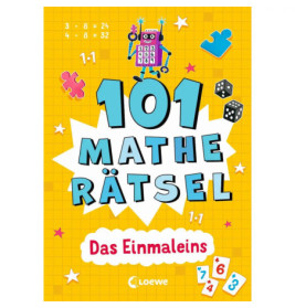 Buchcover: Würfel, Zahlen, Roboter auf gelbem Grund. Schriftzug: 101 Mathe-Rätsel.