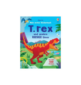 Buntes deutsches Kinderbuchcover mit lächelndem T. rex vor prähistorischer Landschaft.