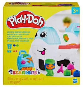 Play-Doh Airplane Explorer Starter Set: Spielzeugbox mit lächelndem Flugzeug und bunten Play-Doh-Formen.