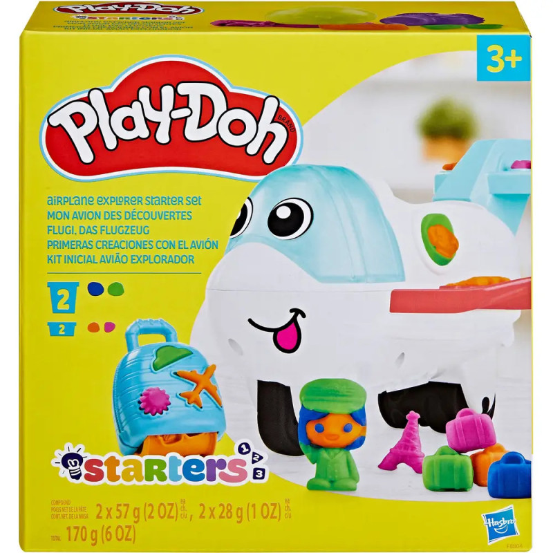 Play-Doh Airplane Explorer Starter Set: Spielzeugbox mit lächelndem Flugzeug und bunten Play-Doh-Formen. Play-Doh Airplane Explorer Starter Set: Spielzeugbox mit lächelndem Flugzeug und bunten Play-Doh-Formen.