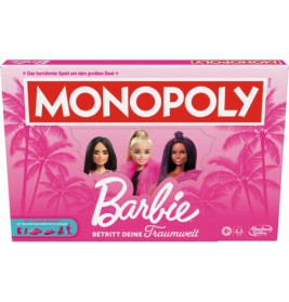 Pinkfarbene Monopoly-Barbie-Spielbox mit drei Barbie-Puppen und Palmen.
