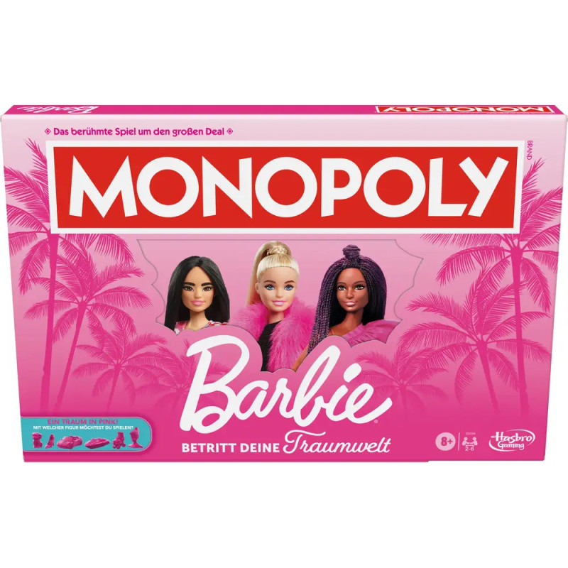 Pinkfarbene Monopoly-Barbie-Spielbox mit drei Barbie-Puppen und Palmen.