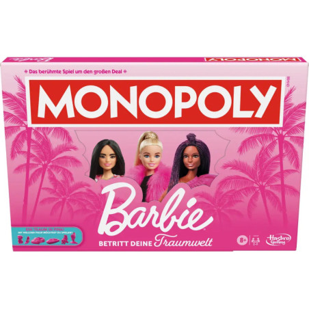 Pinkfarbene Monopoly-Barbie-Spielbox mit drei Barbie-Puppen und Palmen.
