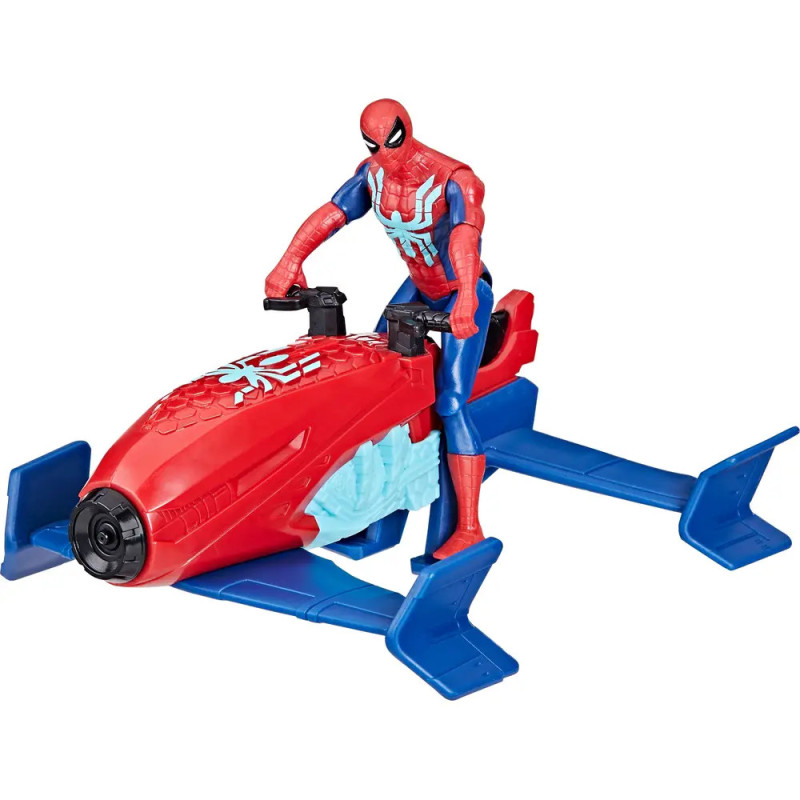 Spider-Man-Actionfigur auf einem rot-blauen Spielzeug-Hovercraft mit Flügeln und Netzmuster. Spider-Man-Actionfigur auf einem rot-blauen Spielzeug-Hovercraft mit Flügeln und Netzmuster.