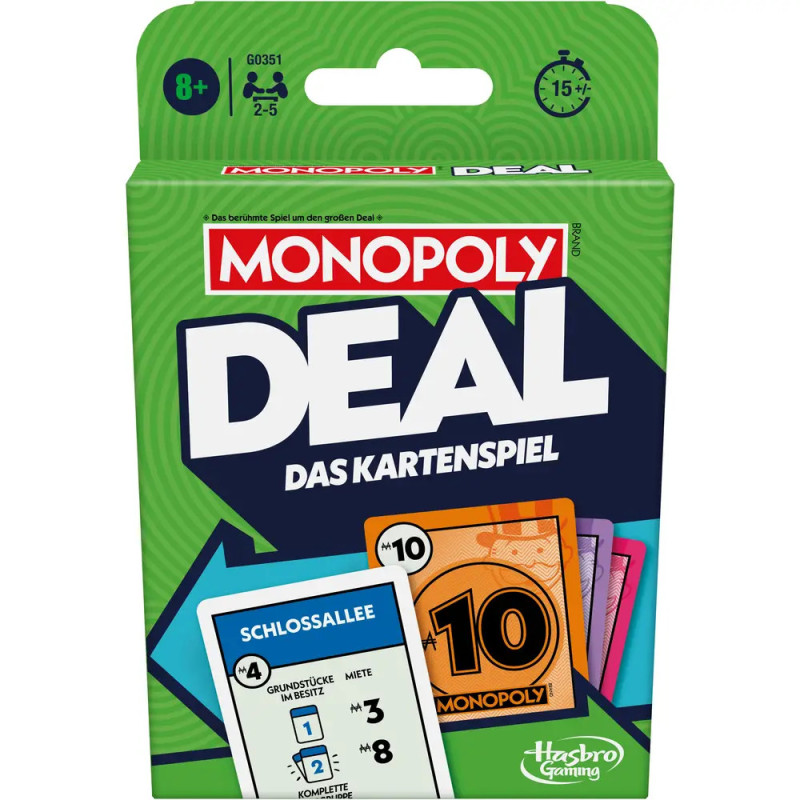 Monopoly Deal Kartenspiel auf Deutsch mit Kartenmotiv und Monopoly-Logo auf grünem Hintergrund.