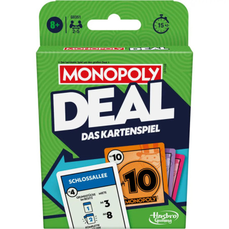 Monopoly Deal Kartenspiel auf Deutsch mit Kartenmotiv und Monopoly-Logo auf grünem Hintergrund.
