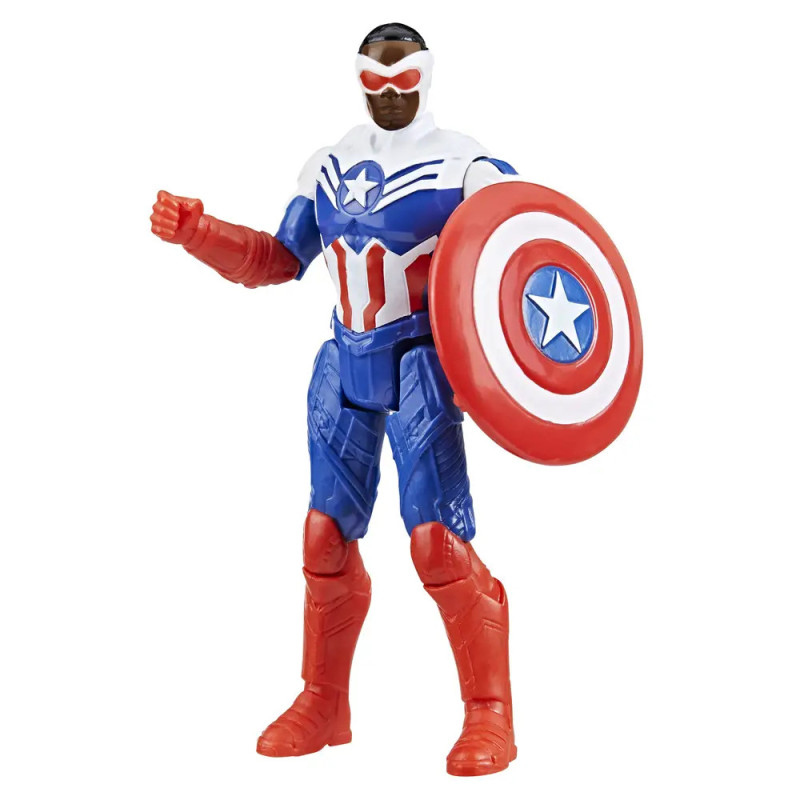 Action-Figur von Sam Wilson als Captain America mit Schild im rot-weiß-blauen Anzug.