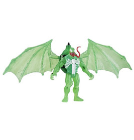 Grüne Actionfigur mit Flügeln, langer roter Zunge und weißem Spinnensymbol auf der Brust.