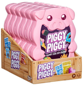 Piggy Piggy Brettspiel in rosa, schweineförmigen Boxen auf einem Regal mit Holzoptik ausgestellt.