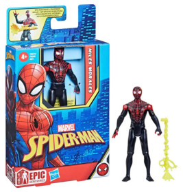 Miles Morales Spider-Man Figur mit Netz-Accessoire neben farbenfroher Marvel-Verpackung.