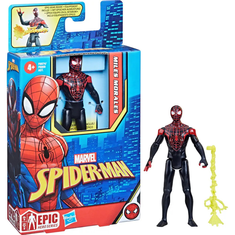 Miles Morales Spider-Man Figur mit Netz-Accessoire neben farbenfroher Marvel-Verpackung.