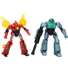 Zwei Spielzeugroboter, einer rot mit gelben Flügeln, einer grau mit grünen Akzenten, stehen nebeneinander.