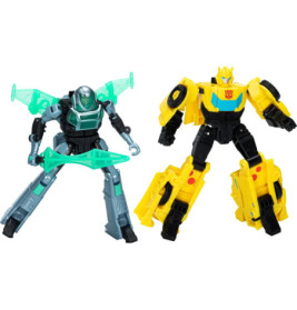 Zwei bunte Transformers-Figuren stehen aufrecht: eine grün-grau, die andere gelb-schwarz.