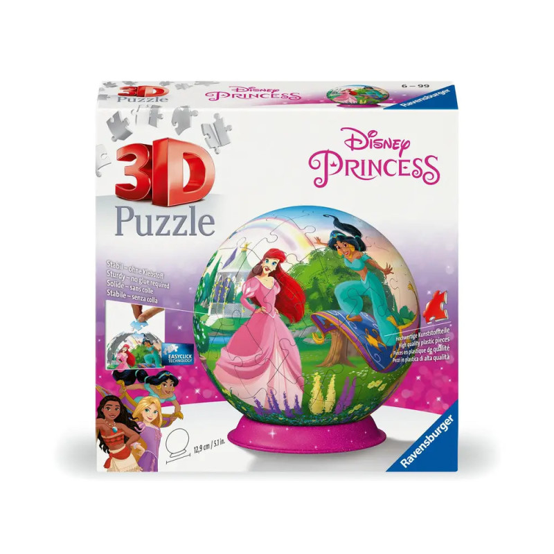 Ravensburger 3D-Puzzle-Box mit den Disney-Prinzessinnen Ariel und Jasmin auf einem runden Puzzle-Globus. Ravensburger 3D-Puzzle-Box mit den Disney-Prinzessinnen Ariel und Jasmin auf einem runden Puzzle-Globus.