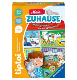 Bunte deutsche Brettspielschachtel mit Haus, Spielzeug, Mädchen und Katze Lernspiel für Kinder von 2-3 Jahren.