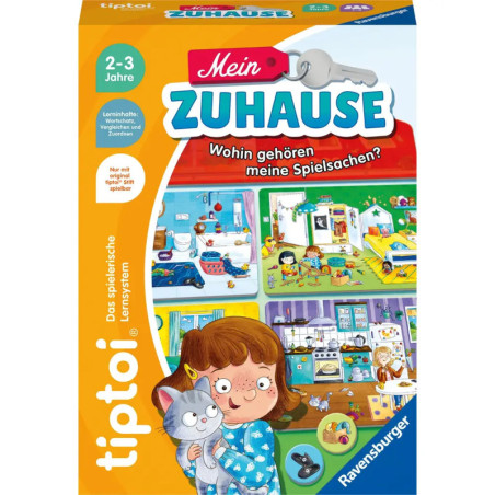 Bunte deutsche Brettspielschachtel mit Haus, Spielzeug, Mädchen und Katze Lernspiel für Kinder von 2-3 Jahren.
