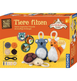 Filztier-Bastelset mit Abbildungen fertiger Filztiere: Maus, Fuchs und Schildkröte auf der Verpackung.