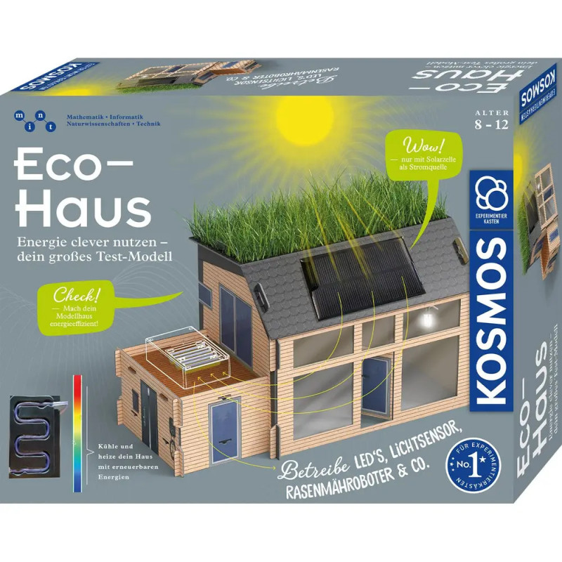 Modell-Ökohaus-Bausatz von Kosmos mit Solarpanel und Gründach für Kinder von 8-12 Jahren.
