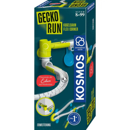 Kosmos Gecko Run Flex Corner Erweiterungsbox mit Abbildungen der Murmelbahn und Produktinfos auf der Verpackung.