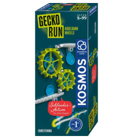 Kosmos Gecko Run Kugelbahn Wheels Set mit grünen Zahnrädern und blauen Schienen auf der Verpackung.