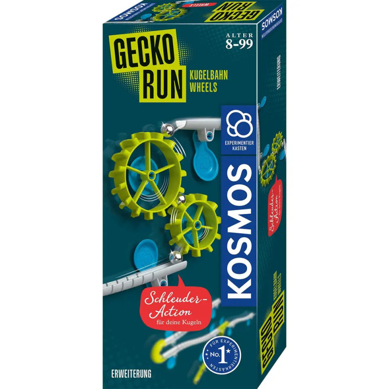 Kosmos Gecko Run Kugelbahn Wheels Set mit grünen Zahnrädern und blauen Schienen auf der Verpackung. Kosmos Gecko Run Kugelbahn Wheels Set mit grünen Zahnrädern und blauen Schienen auf der Verpackung.