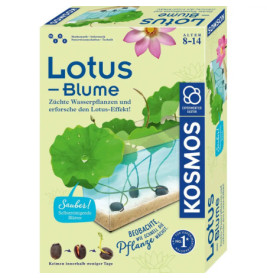 Kosmos Lotus-Blumen-Zuchtset für 8-14 Jahre, mit Abbildung einer Lotusblume im Wasser auf der Verpackung.