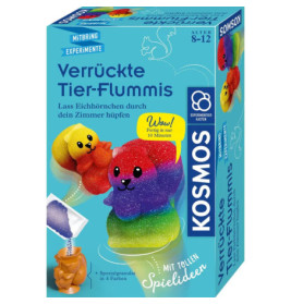 Bunte deutsche Experimentierbox mit Regenbogen-Tiertieren, Titel Verrückte Tier-Flummis, für 8- bis 12-Jährige.
