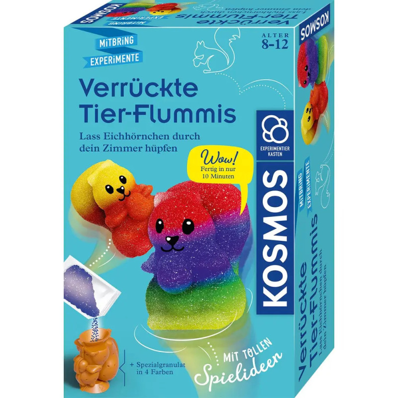 Bunte deutsche Experimentierbox mit Regenbogen-Tiertieren, Titel Verrückte Tier-Flummis, für 8- bis 12-Jährige. Bunte deutsche Experimentierbox mit Regenbogen-Tiertieren, Titel Verrückte Tier-Flummis, für 8- bis 12-Jährige.