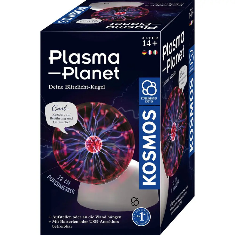 Kosmos Plasma Planet: Verpackung mit leuchtender Plasmakugel und Produktinfos auf Deutsch.