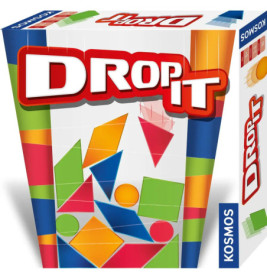 Drop It Spieleschachtel mit bunten geometrischen Formen und dem Titel in kräftigen roten und weißen Buchstaben.