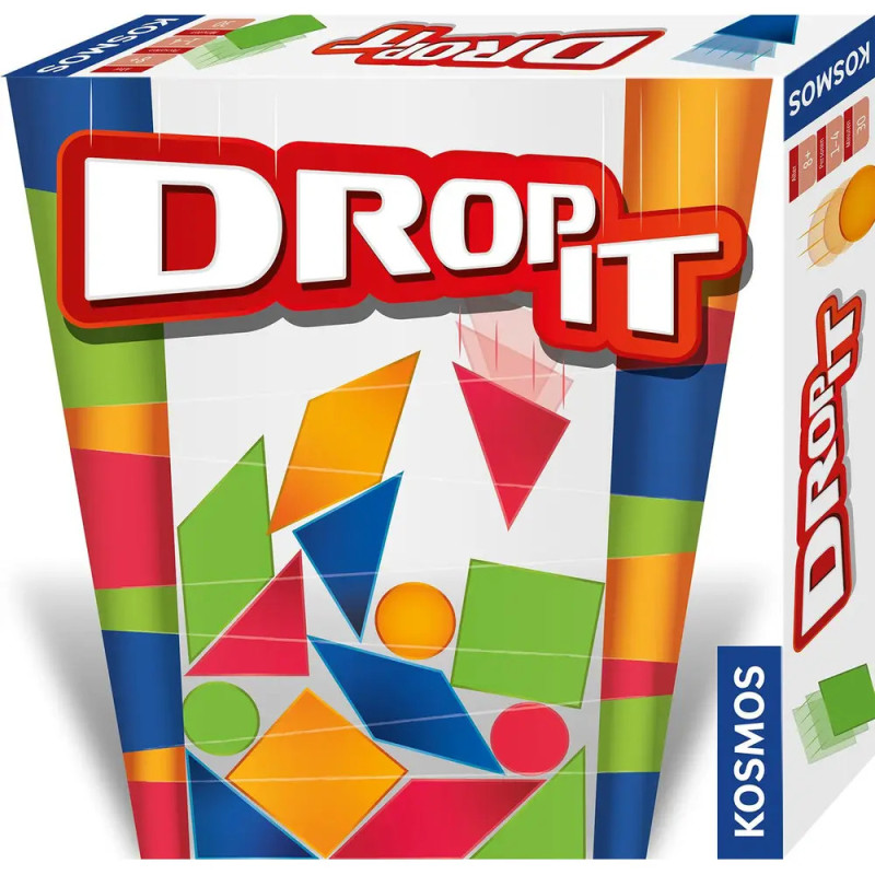 Drop It Spieleschachtel mit bunten geometrischen Formen und dem Titel in kräftigen roten und weißen Buchstaben.