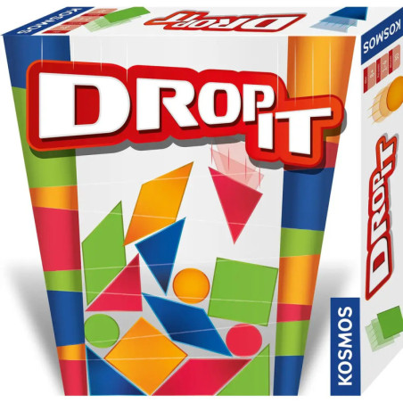 Drop It Spieleschachtel mit bunten geometrischen Formen und dem Titel in kräftigen roten und weißen Buchstaben.