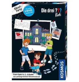 Drei animierte Kinder mit Hinweisen stehen vor einer Villa auf einer deutschen Mystery-Spielverpackung für Kinder.