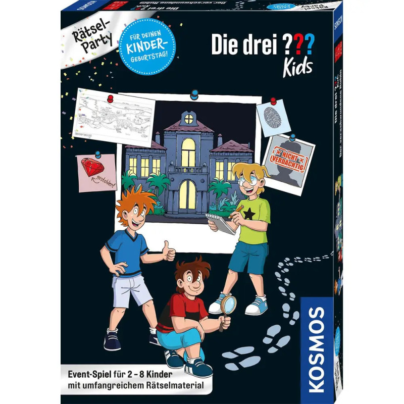 Drei animierte Kinder mit Hinweisen stehen vor einer Villa auf einer deutschen Mystery-Spielverpackung für Kinder.