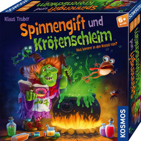 Bunte Brettspielbox mit grüner Hexe am Kessel, daneben ein Frosch und eine Fledermaus.