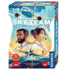 Der Spielekarton von Sky Team zeigt zwei Piloten, Flugzeuge und farbenfrohe Himmel-Illustrationen.