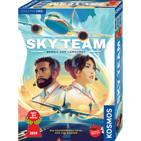 Der Spielekarton von Sky Team zeigt zwei Piloten, Flugzeuge und farbenfrohe Himmel-Illustrationen.