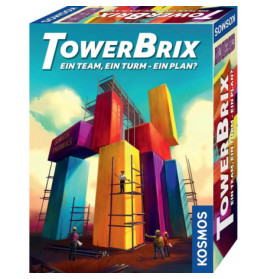 Auf dem Cover von TowerBrix bauen Menschen einen bunten, hohen Turm unter klarem Himmel.