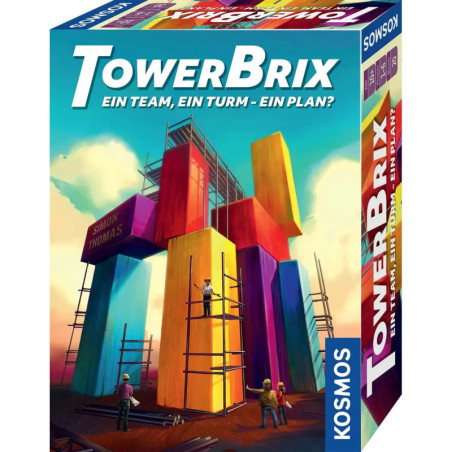 Auf dem Cover von TowerBrix bauen Menschen einen bunten, hohen Turm unter klarem Himmel.