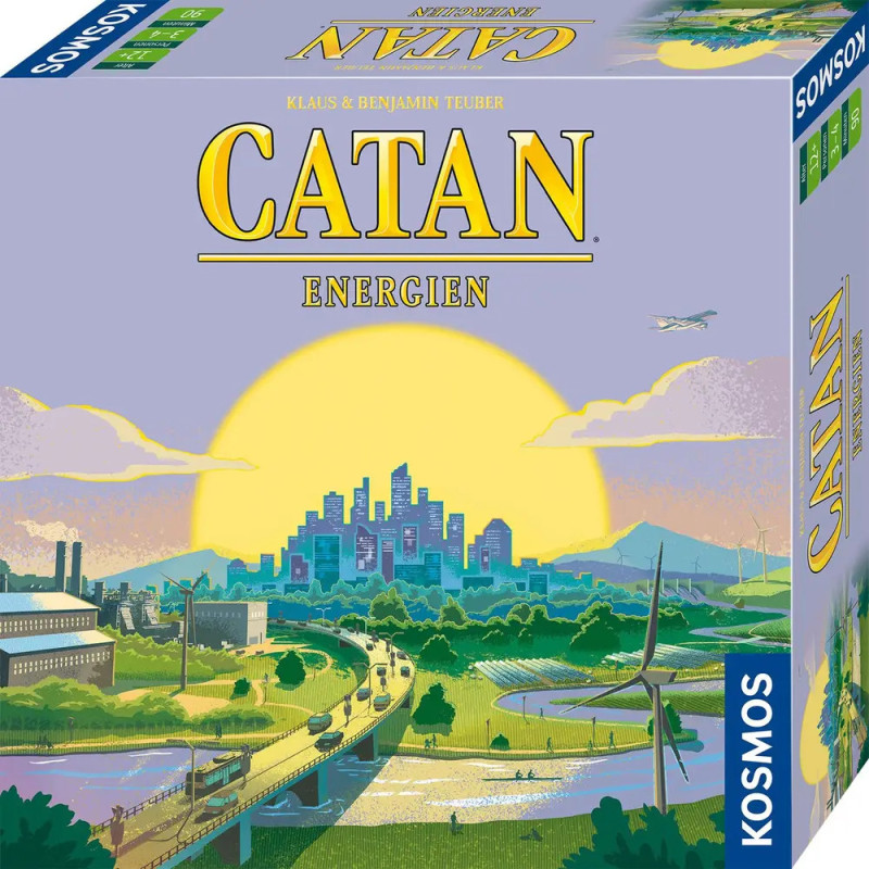 Cover von Catan: Energien mit Stadt, Windrad, Autobahn und Sonnenaufgang im Hintergrund. Cover von Catan: Energien mit Stadt, Windrad, Autobahn und Sonnenaufgang im Hintergrund.